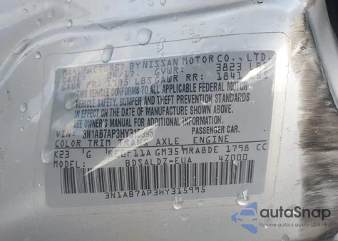 2017 Nissan Sentra Sv z USA, uszkodzony, nr VIN 3N1AB7AP3HY315995